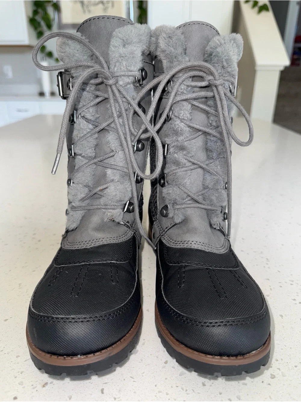 Rock & Candy Gray and Black Lace-Up Winter Boots with Faux Fur Trim